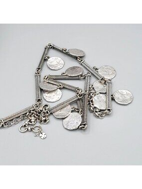 Lucky Brand Industrial Look Necklace With Hammered Coin Disks Silver Tone 26"